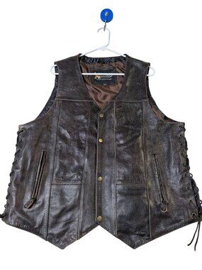 Xelement Western Vest Mens Brown Pointed Front Hem Satin Lining leather Size XL